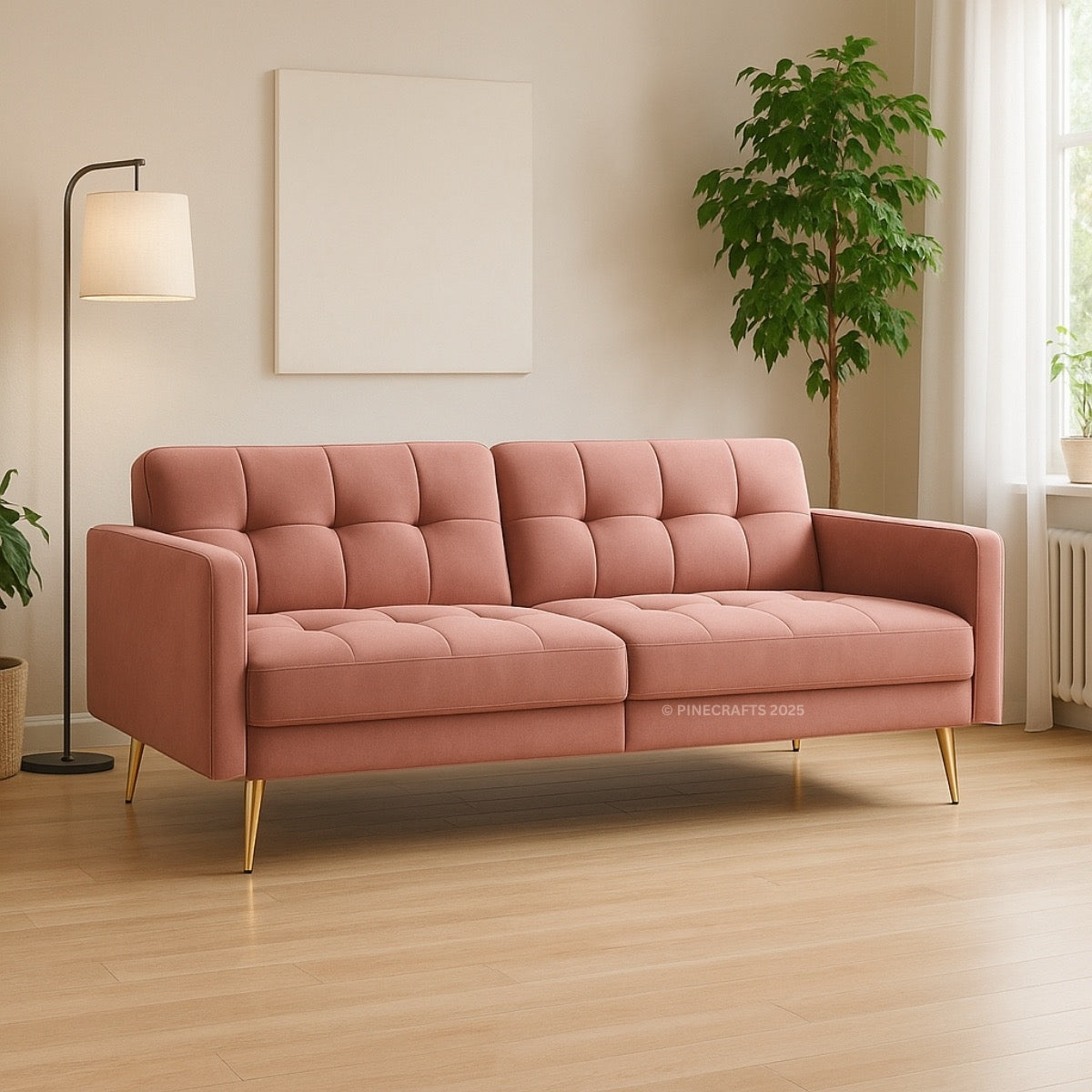Pink sofa in a living room with a lamp and plant